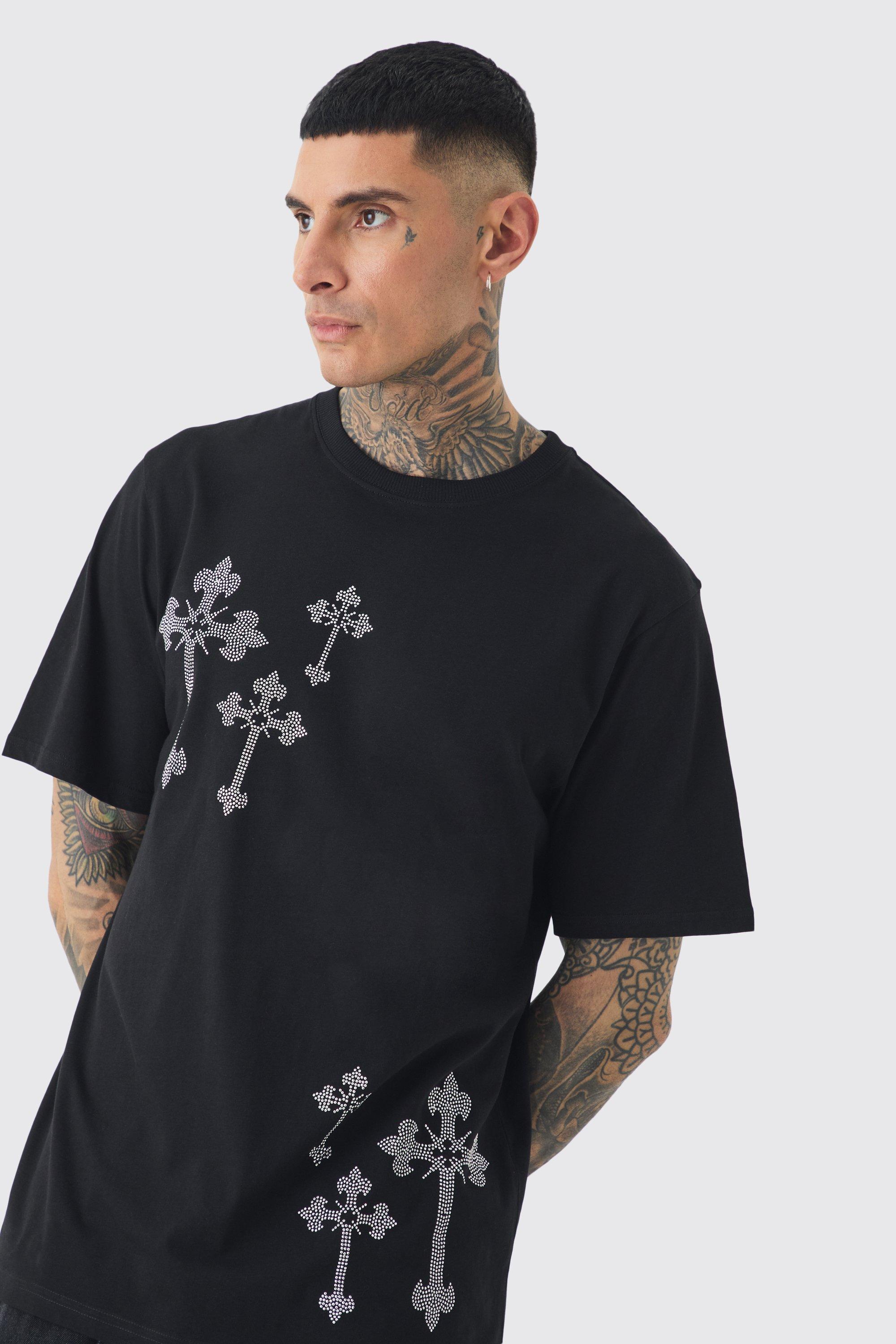 Mens Black Tall Regular Fit Embellished Cross T-Shirt, Black Product Image