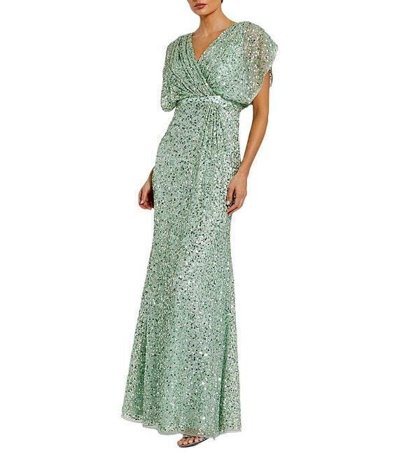 Mac Duggal Sequin Surplice V-Neck Draped 3/4 Sleeve Blouson Bodice Sheath Gown Product Image