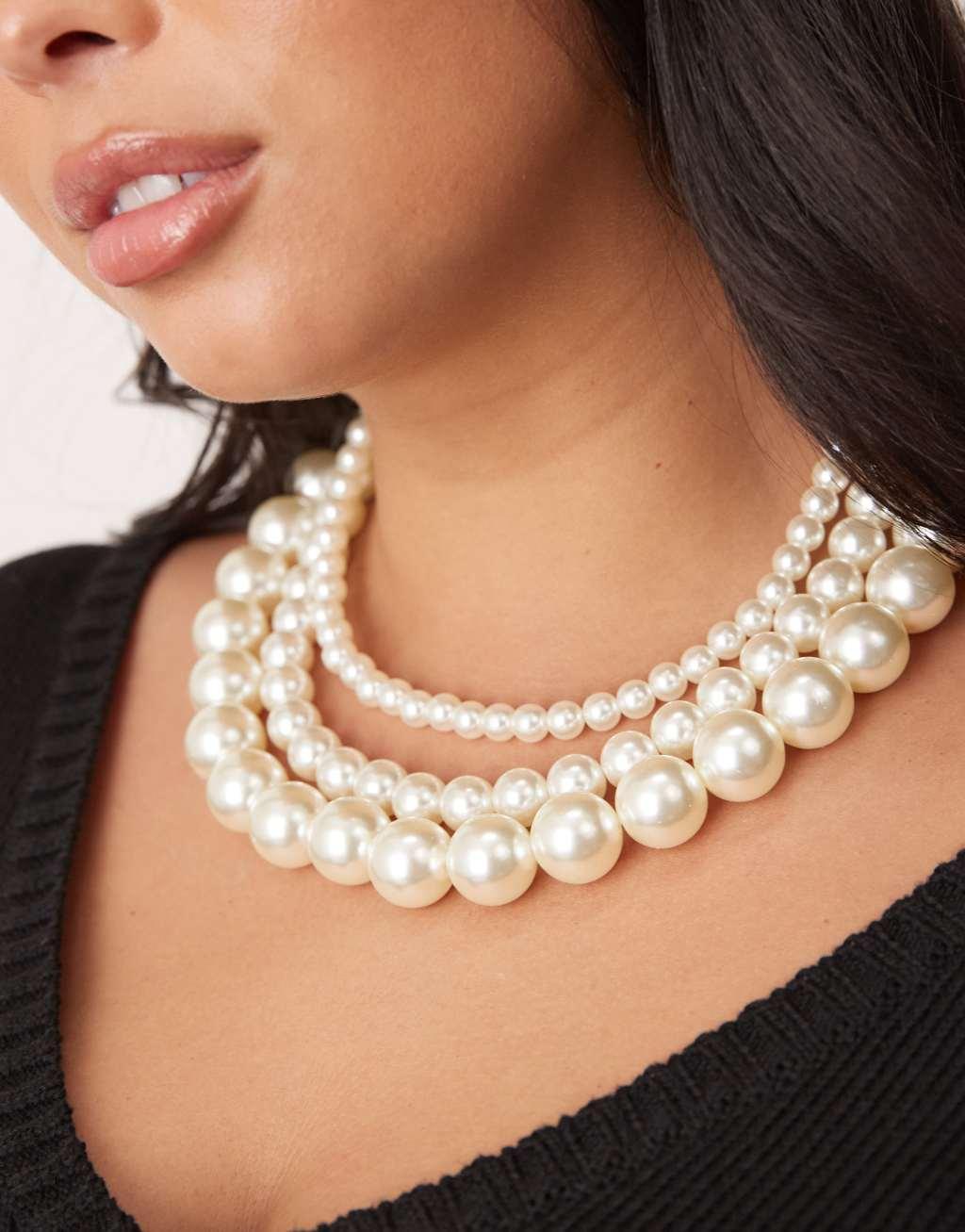 ASOS DESIGN Curve short necklaces with multirow faux pearl detail Product Image