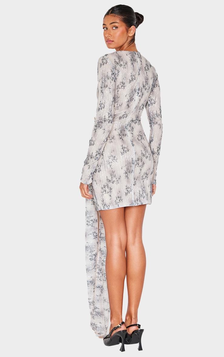 Beige Printed Textured Sequin Long Sleeve Wrap Tie Mini Dress Product Image