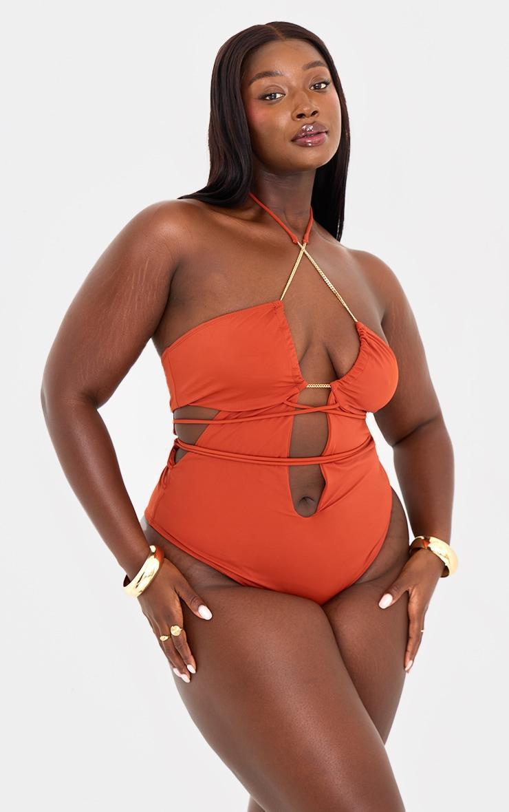 Plus Orange Chain Detail Cut Out Swimsuit Product Image