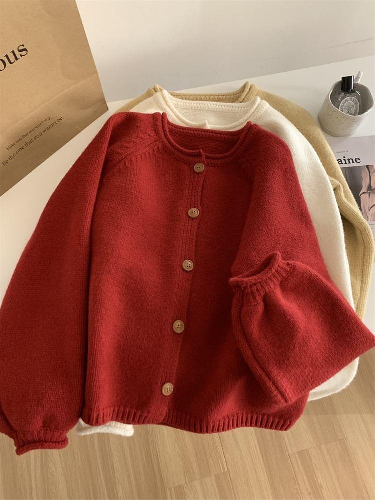 Round Neck Plain Button Cardigan Product Image