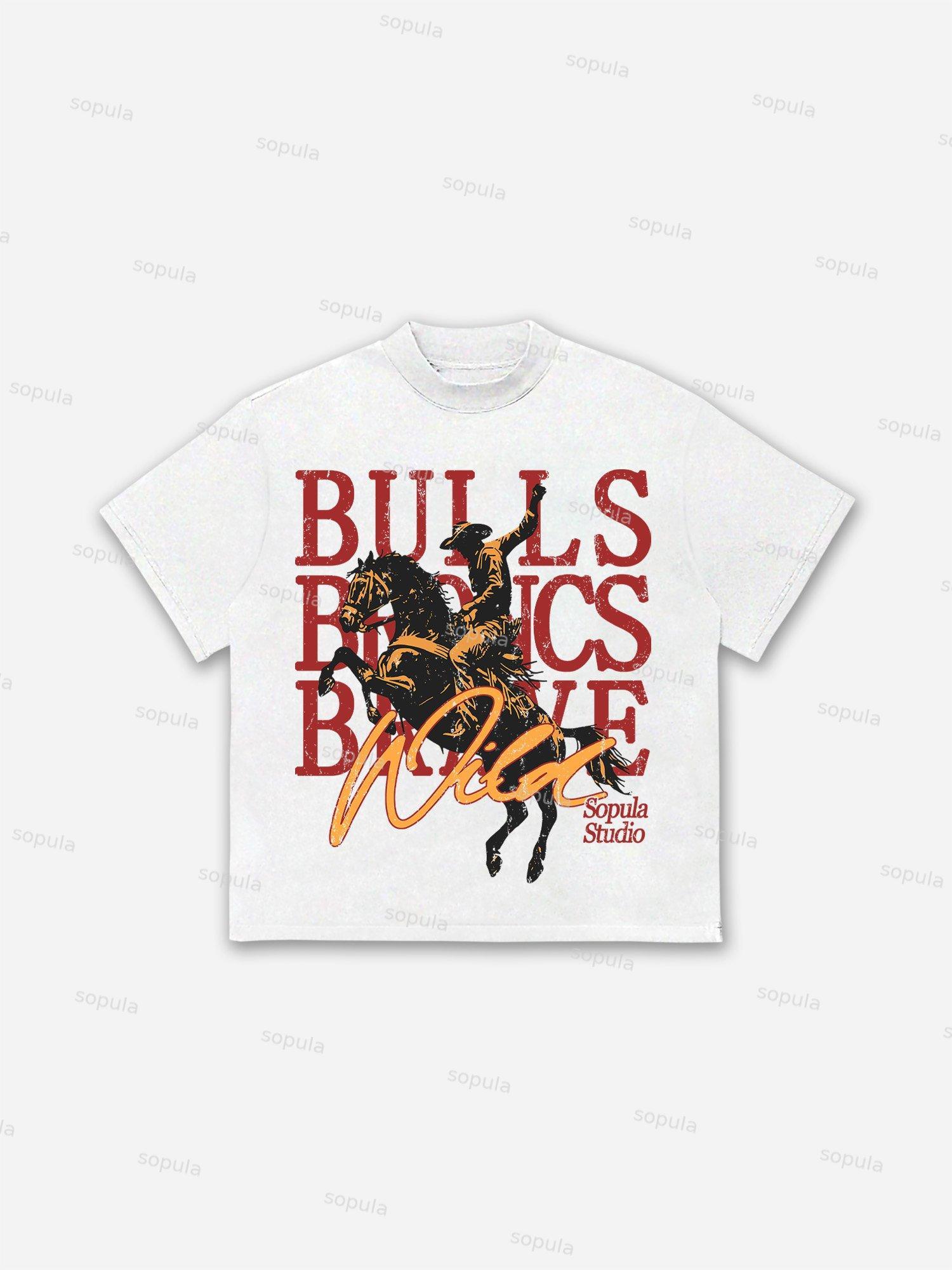 Cowboy Rodeo Bulls Broncs Brave Print Cotton T-shirt Product Image