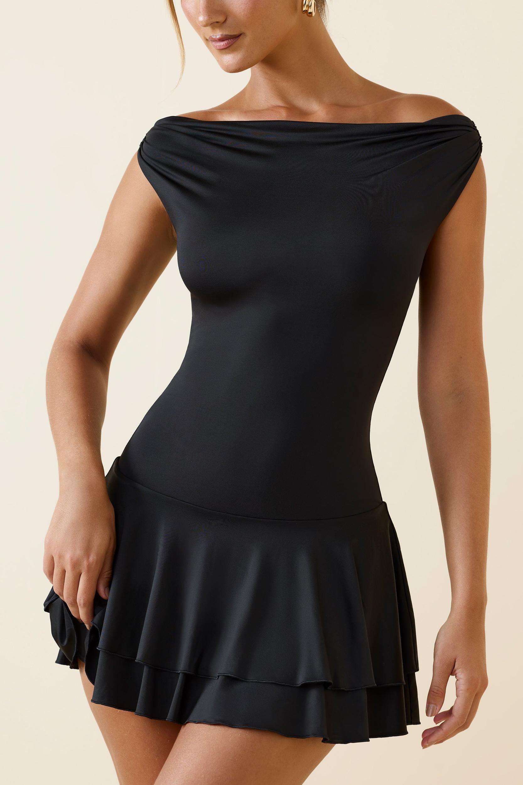 Off-Shoulder Ruffled Mini Dress in Black Product Image