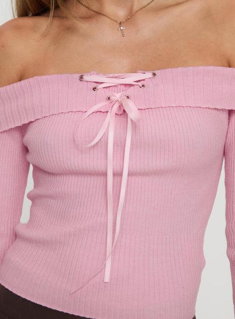 Nighttime Off Shoulder Knit Top Pink Product Image