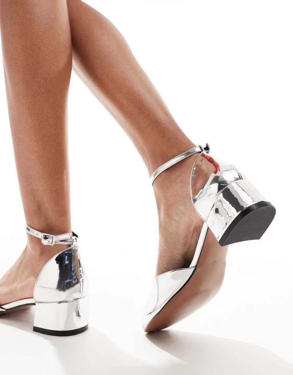 ASOS DESIGN Syrup mid block heeled shoes in silver   Product Image