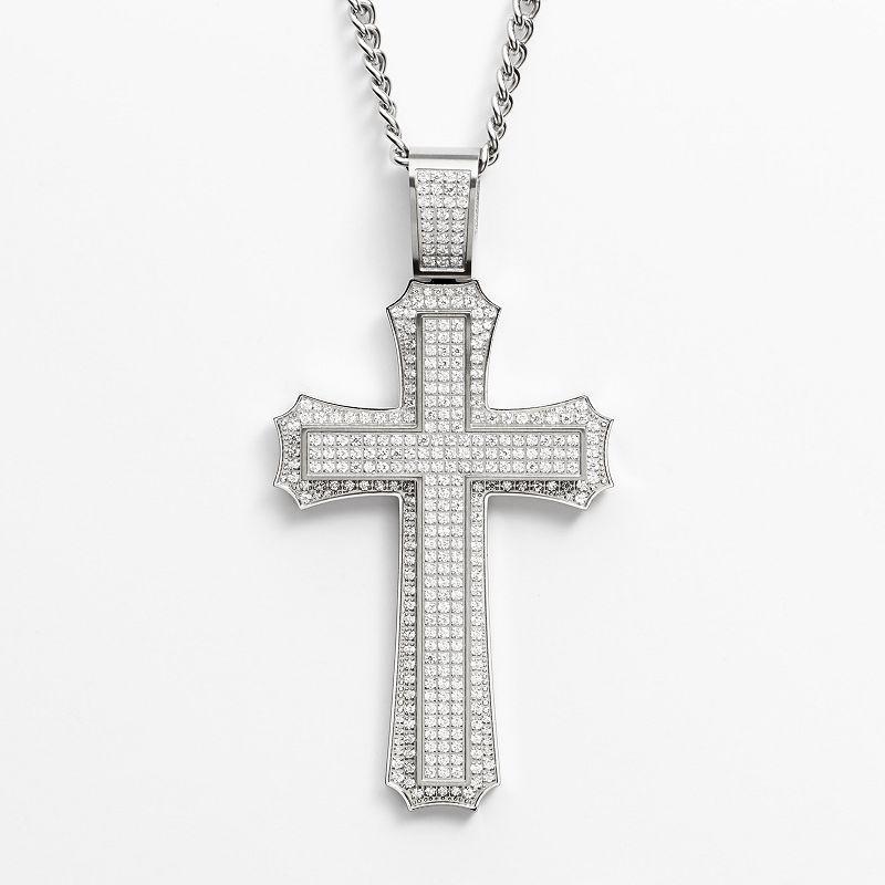 Stainless Steel Cubic Zirconia Cross Pendant - Men, Mens White Product Image