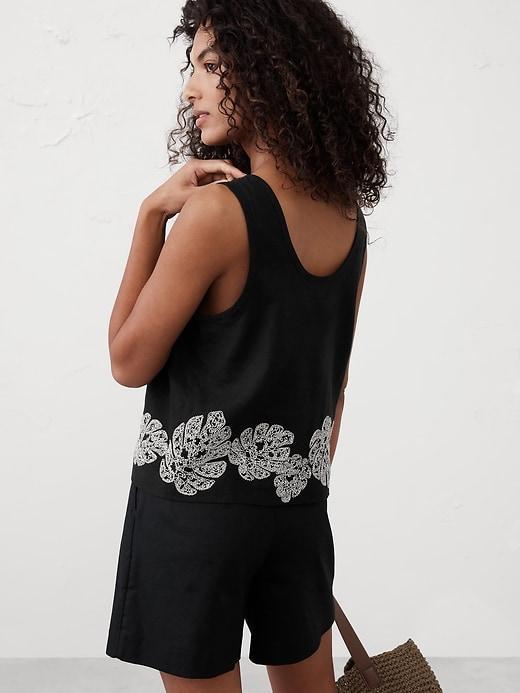 Linen-Blend Embroidered Scoop-Neck Top Product Image