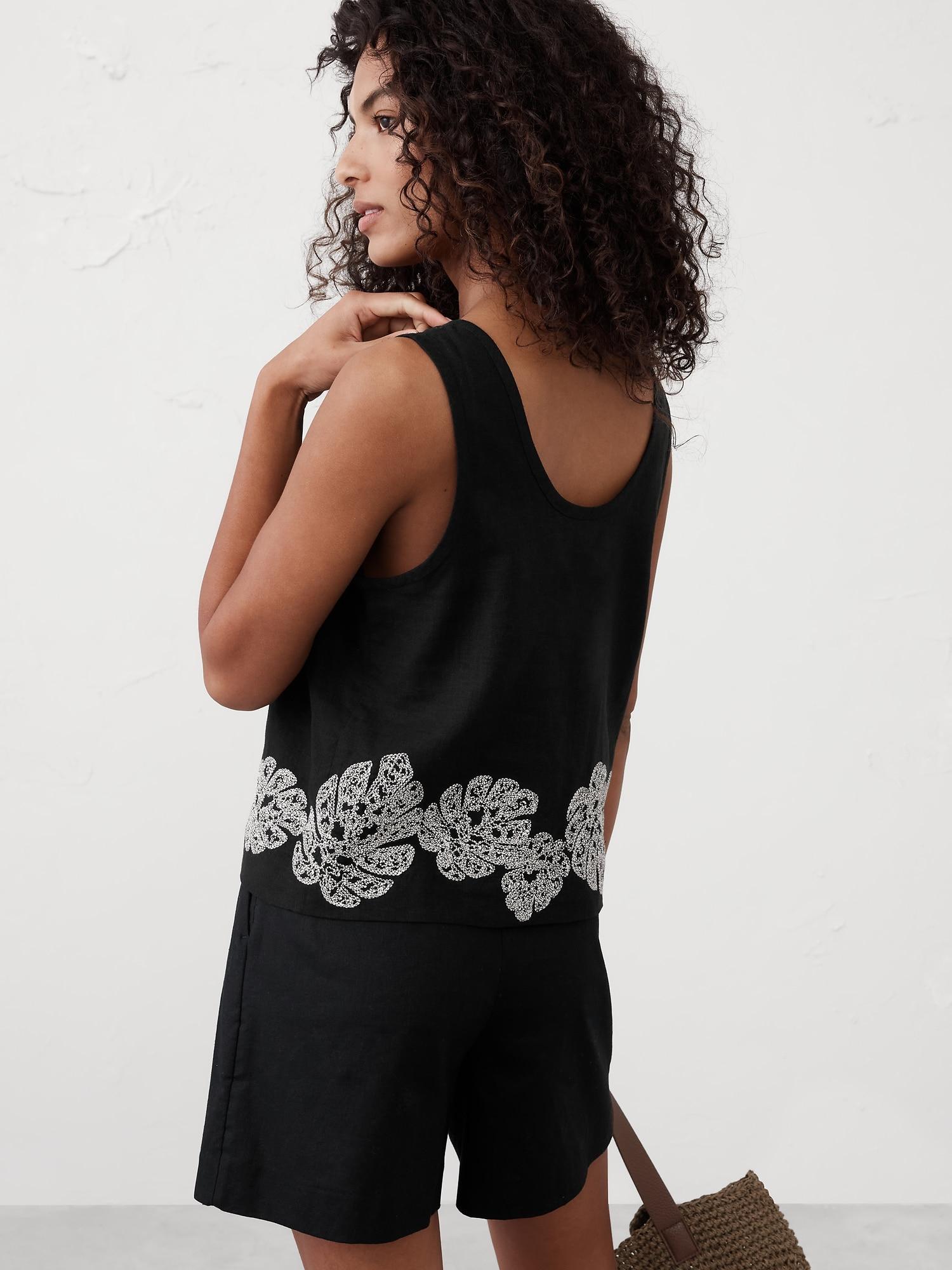 Linen-Blend Embroidered Scoop-Neck Top Product Image