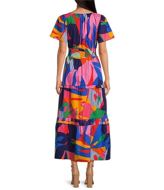 Sugarlips Palmer Abstract Printed Multi Color V-Neck Short Sleeve Poplin Tiered Smocked Waist Maxi Dress Product Image
