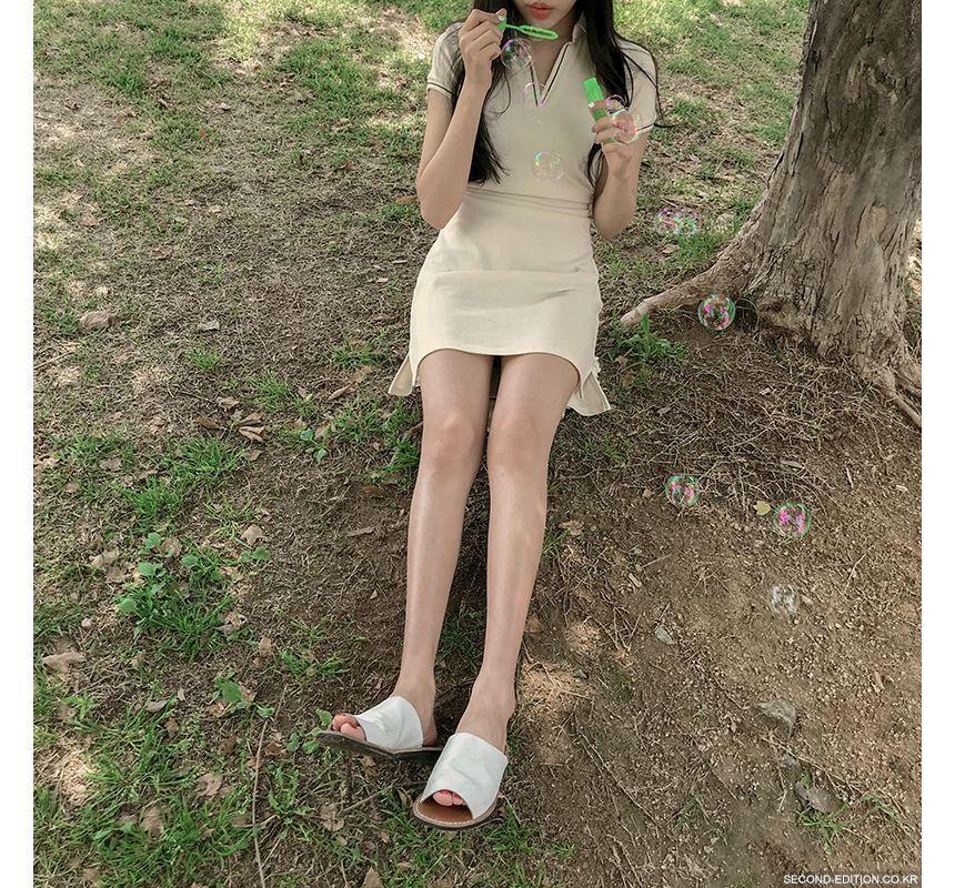 Short-Sleeve Collar Plain Mini A-Line Dress Product Image