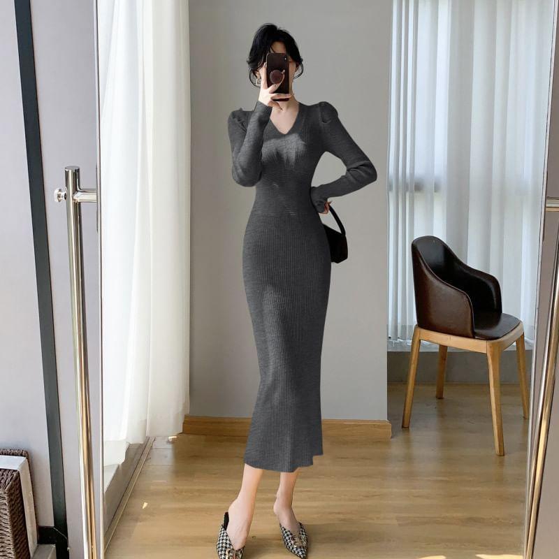 Long-Sleeve V-Neck Plain Ribbed Midi Sheath Knit Dress Product Image