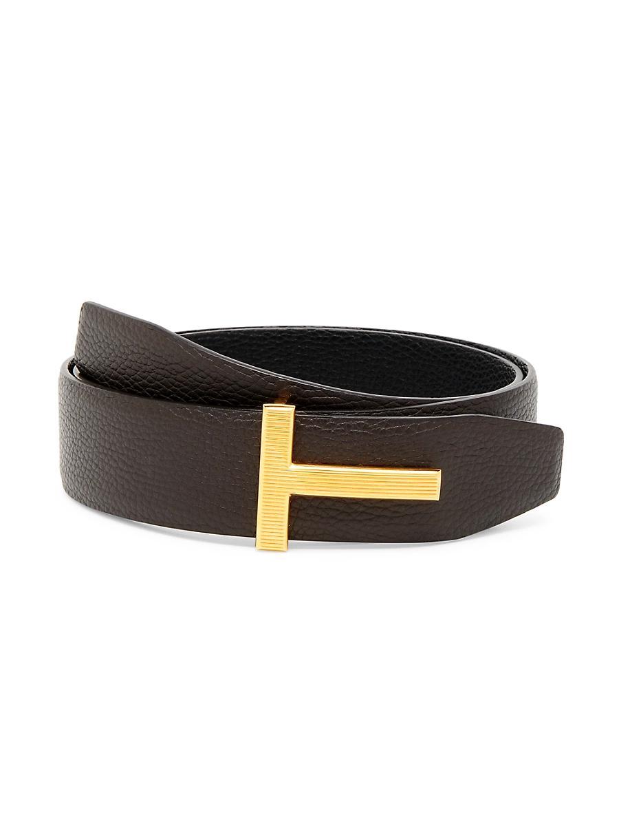 Mens Ridged T Buckle Reversible Leather Belt Product Image