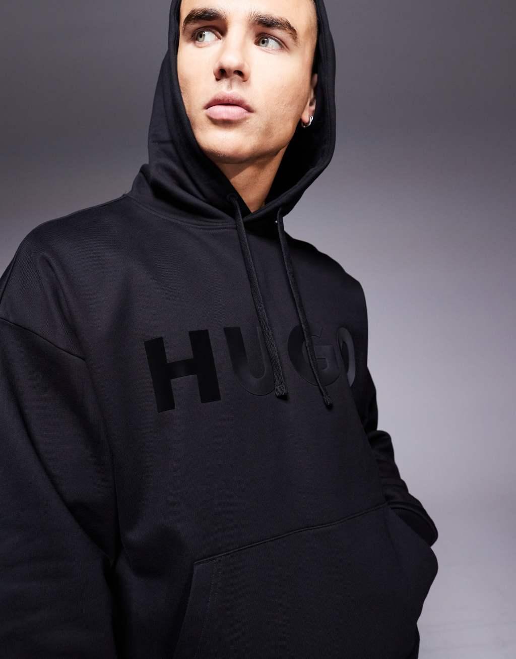 HUGO Red oversized ditchle large chest logo hoodie in black  Product Image