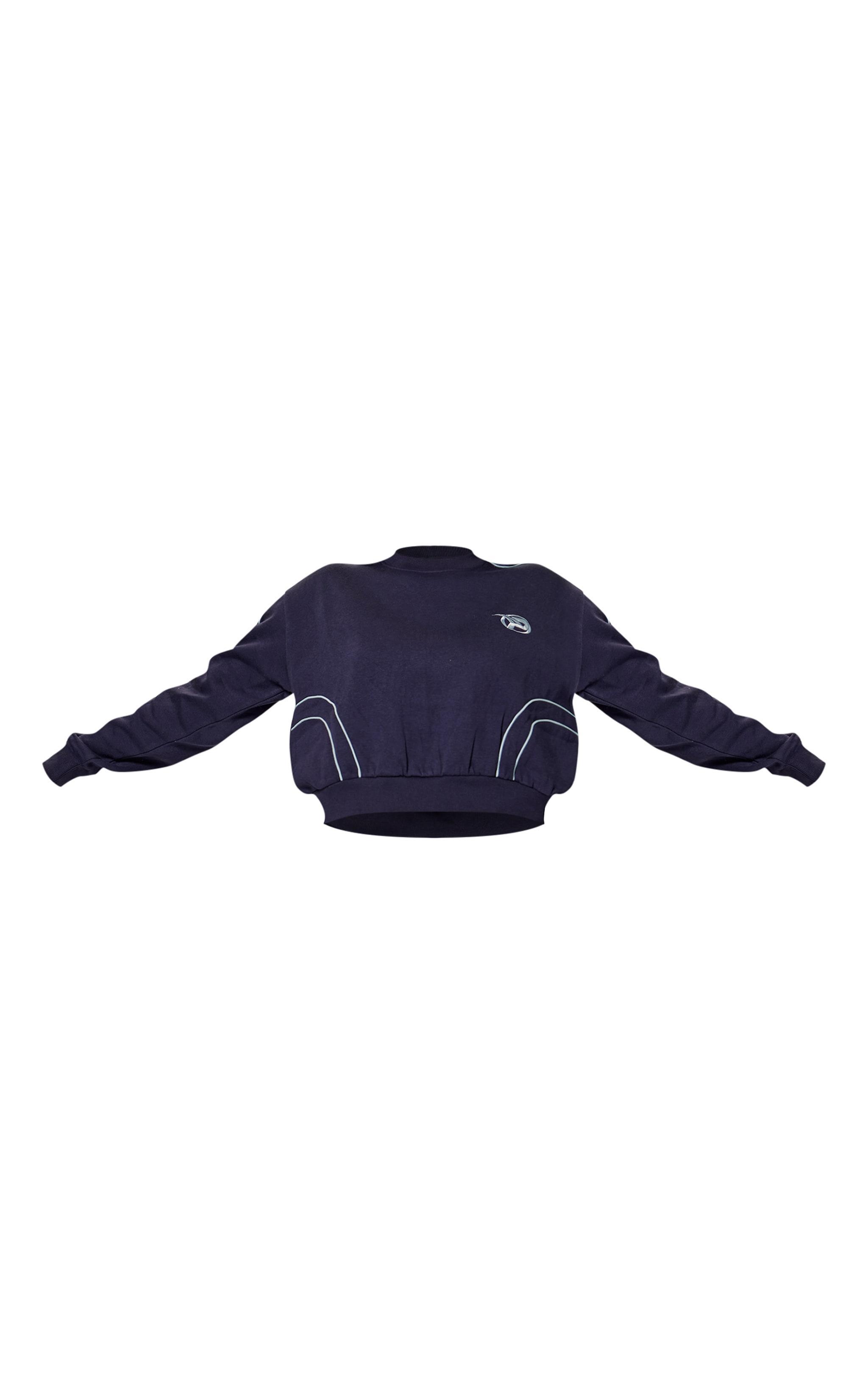 PRETTYLITTLETHING Navy Embroidered Contrast Piping Sweatshirt Product Image