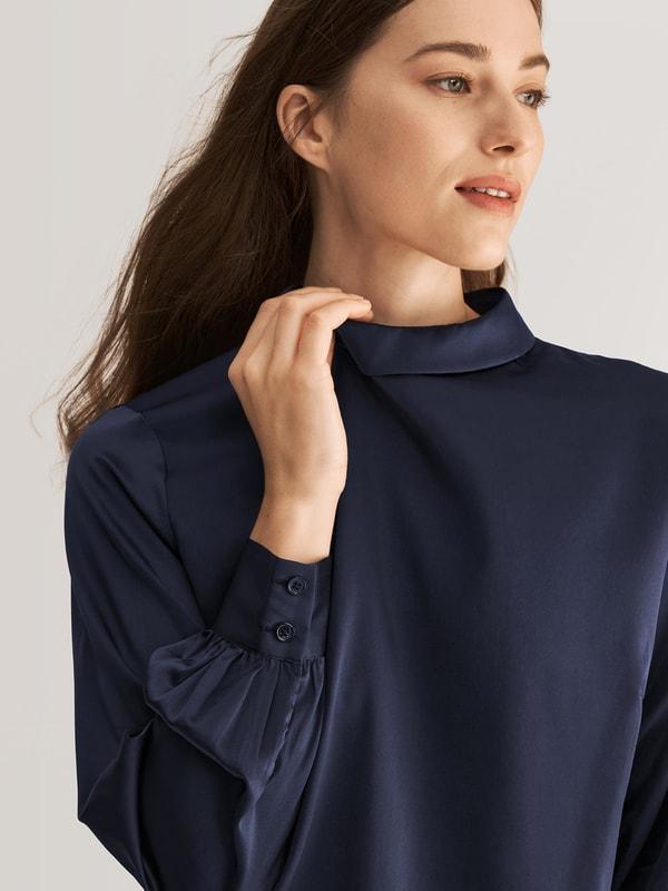 LILYSILK Business Blue Elegant Silk Blouse | Long Sleeves Style | Women Silk Navy Stand Collar Skin-Friendly and Breathable XS Product Image