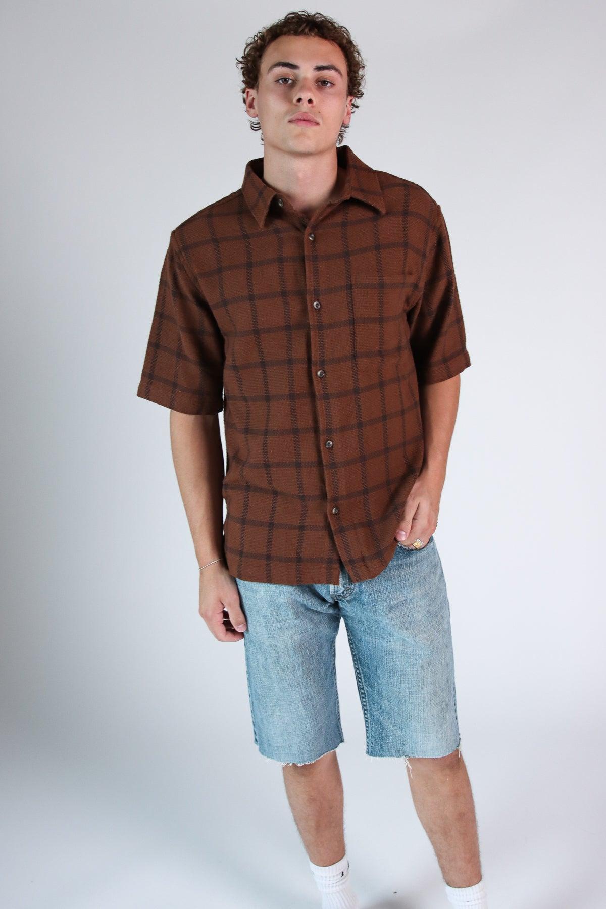 Brown Check Woven Knit Button Up Shirt Product Image