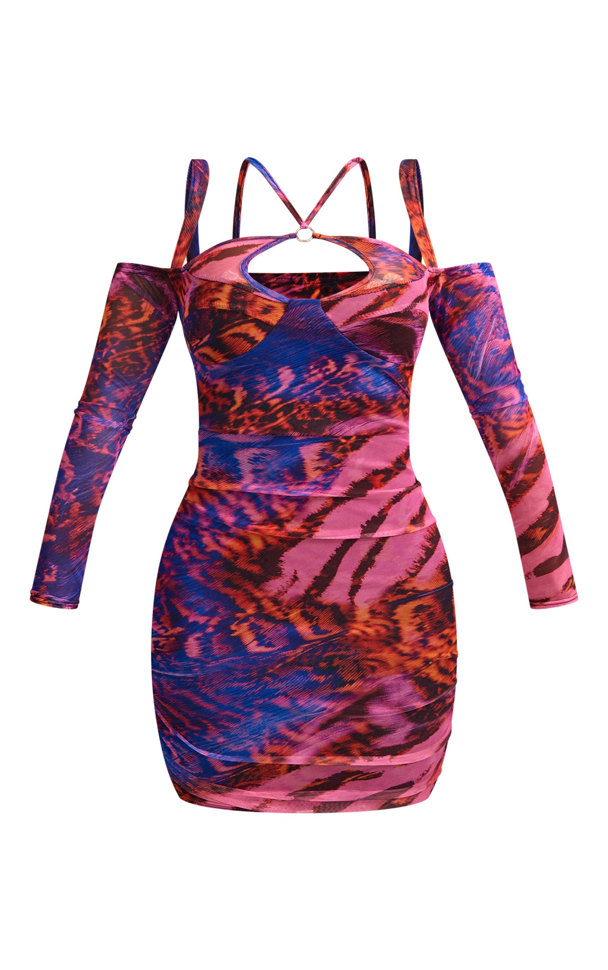 Shape Purple Print Mesh Ring Halterneck Ruched Bodycon Dress Product Image