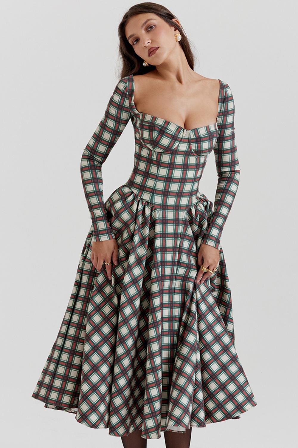 Eliza Red Tartan Corset Midi Dress Product Image