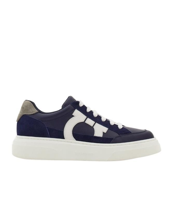 FERRAGAMO Suede-trimmed Leather Sneakers In Blue Product Image