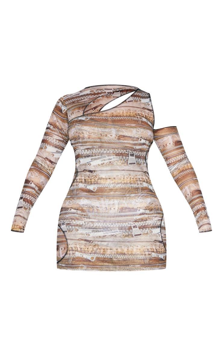 Shape Multi Printed Mesh Asymmetric Multi Cut Out Long Sleeved Dress Product Image