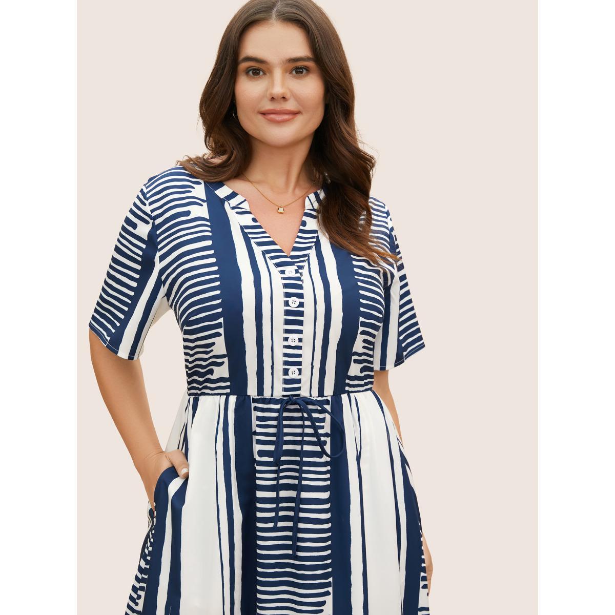 Plus Size Notched Collar Striped Patchwork Drawstring Dress DarkBlue Women At the Office Tie knot Notched collar Short sleeve Curvy BloomChic 14-16/1X Product Image