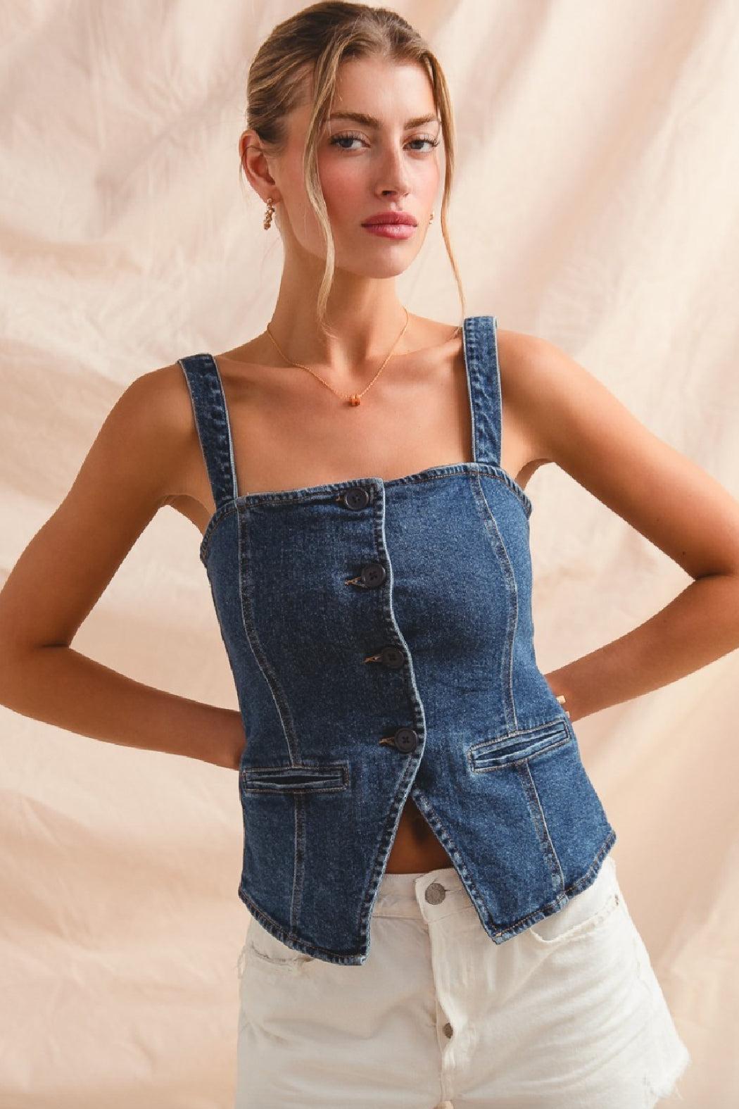 Button Down Sleeveless Denim Top Product Image