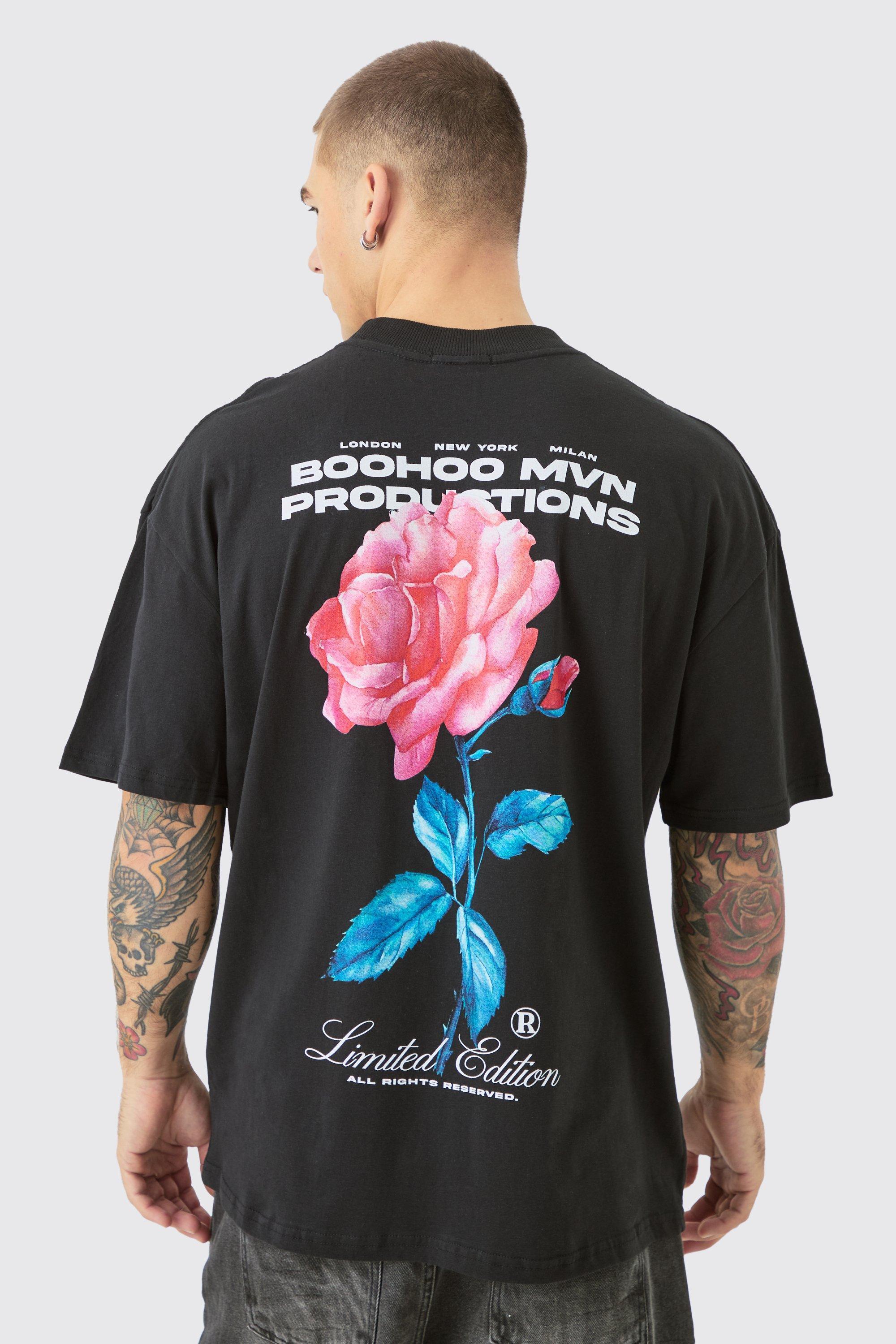 Mens Black Oversized Extended Neck Floral Back Print T-shirt, Black Product Image