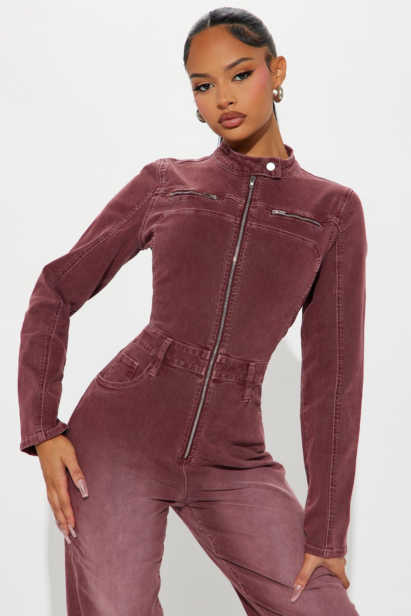 Hopped Off His Bike Denim Jumpsuit - Burgundy Product Image