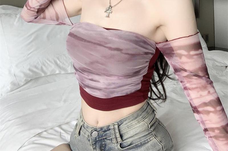 Long Sleeve Off Shoulder Tie Dye Panel Mesh Crop Top Product Image