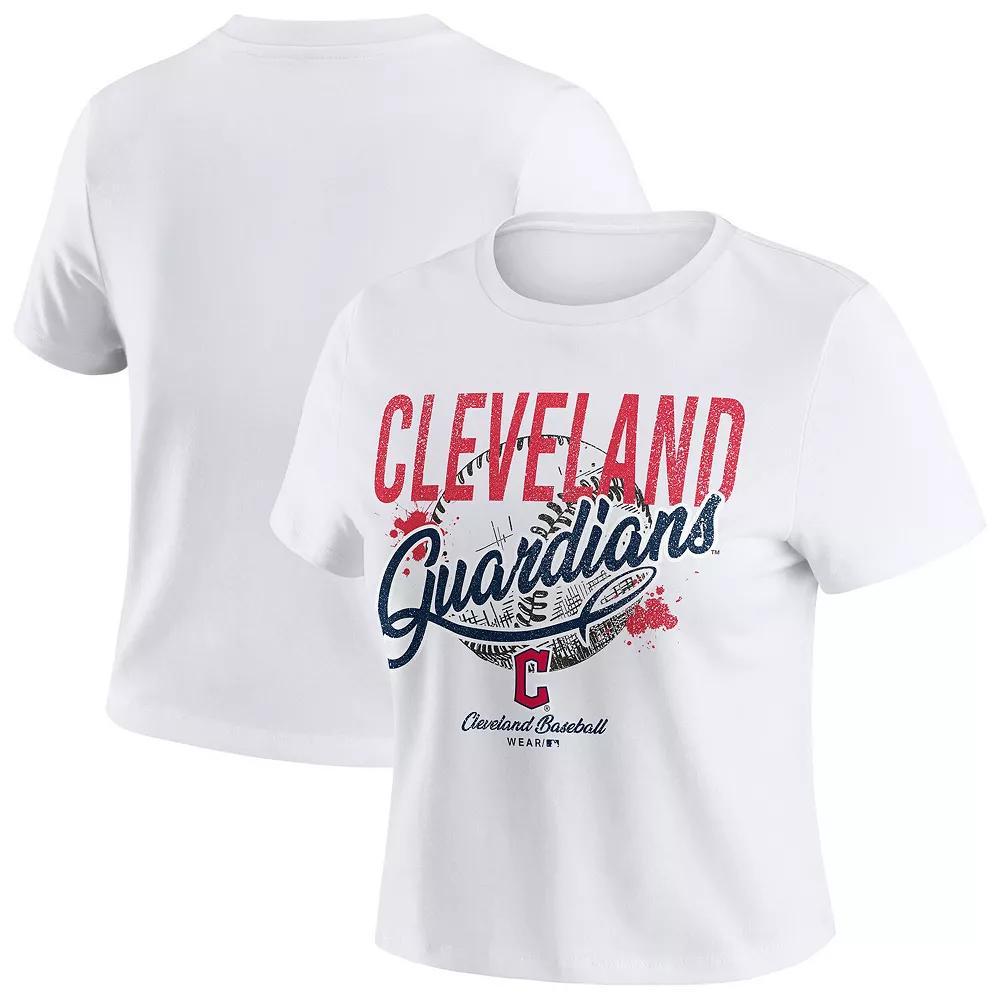Women's WEAR by Erin Andrews  White Cleveland Guardians Distressed Cropped Baby T-Shirt, Size: Large, Grd White Product Image