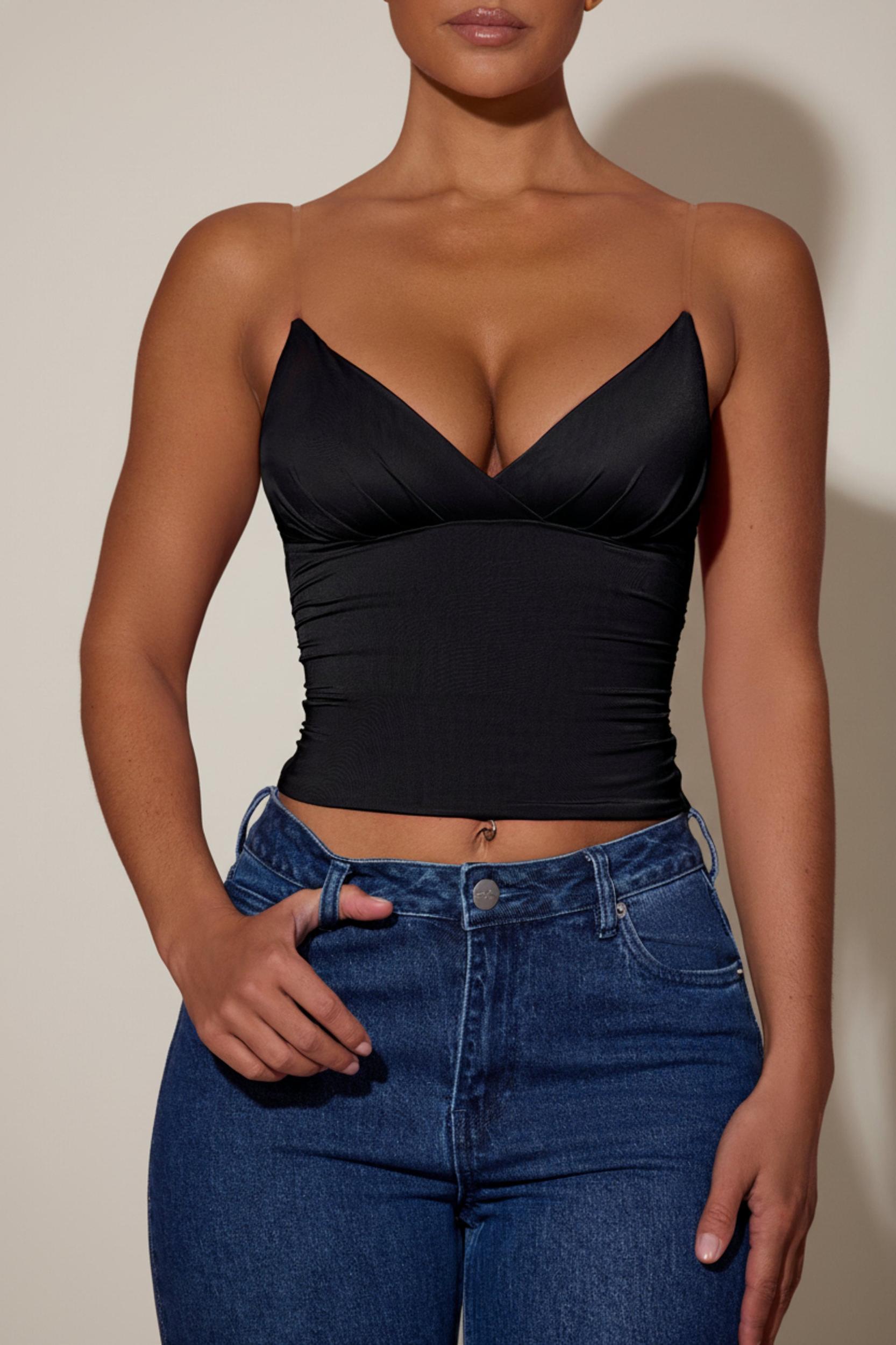Ruched Plunge-Neck Camisole Top in Black Product Image