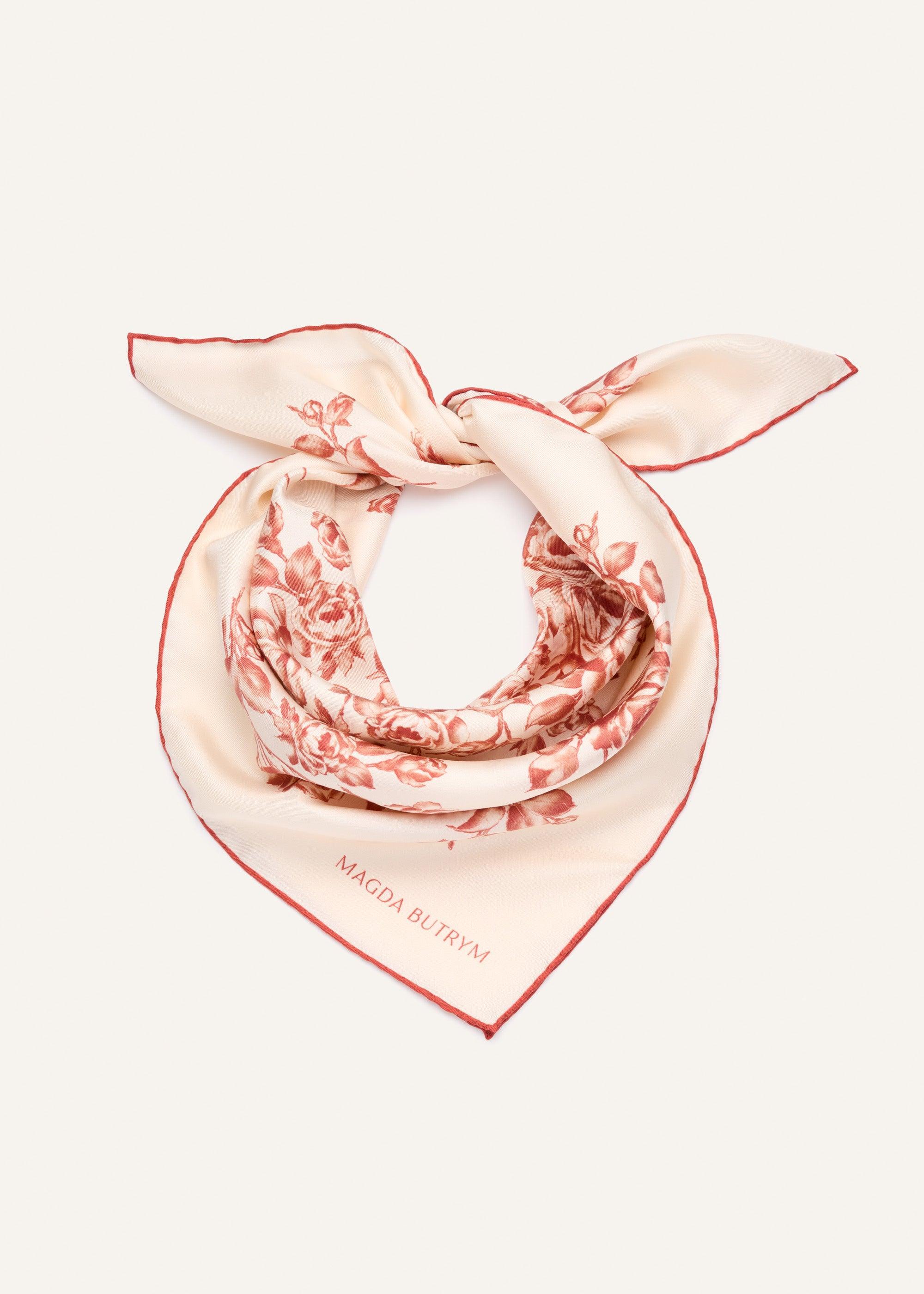 Rose-print silk scarf in beige and red Product Image