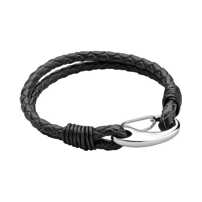 LYNX Stainless Steel & Black Leather Bracelet - Men, Mens Product Image