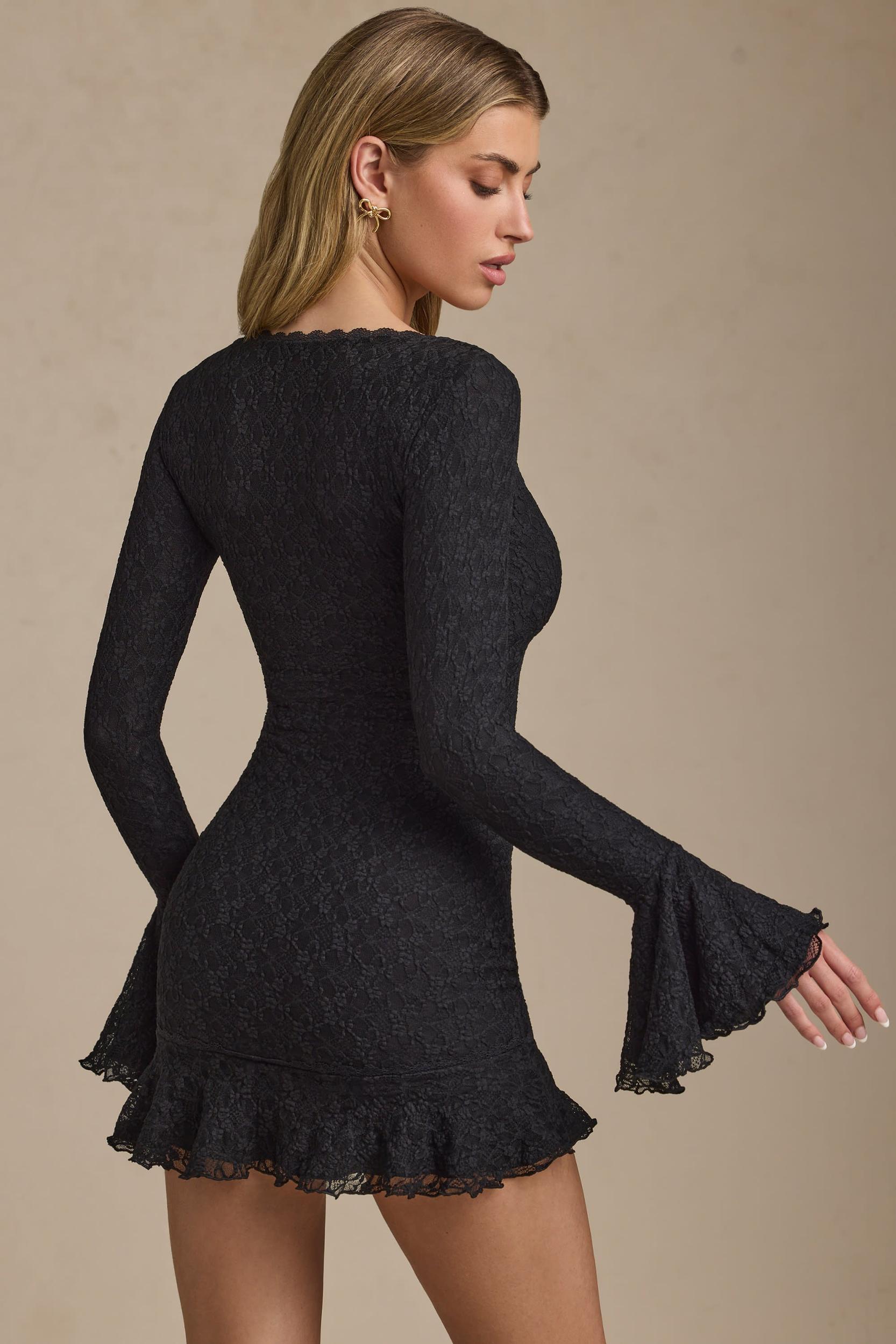 Long-Sleeve Ruffled Lace Mini Dress in Black Product Image