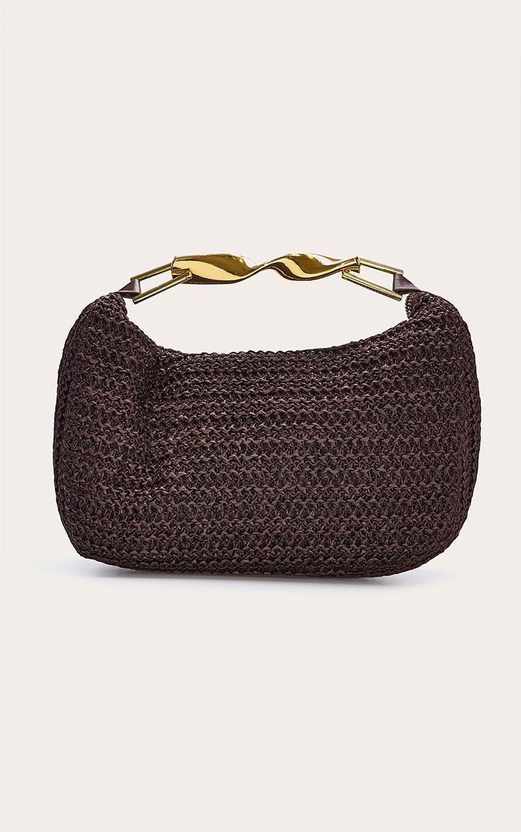 Chocolate Raffia Weave Abstract Handle Handbag Product Image