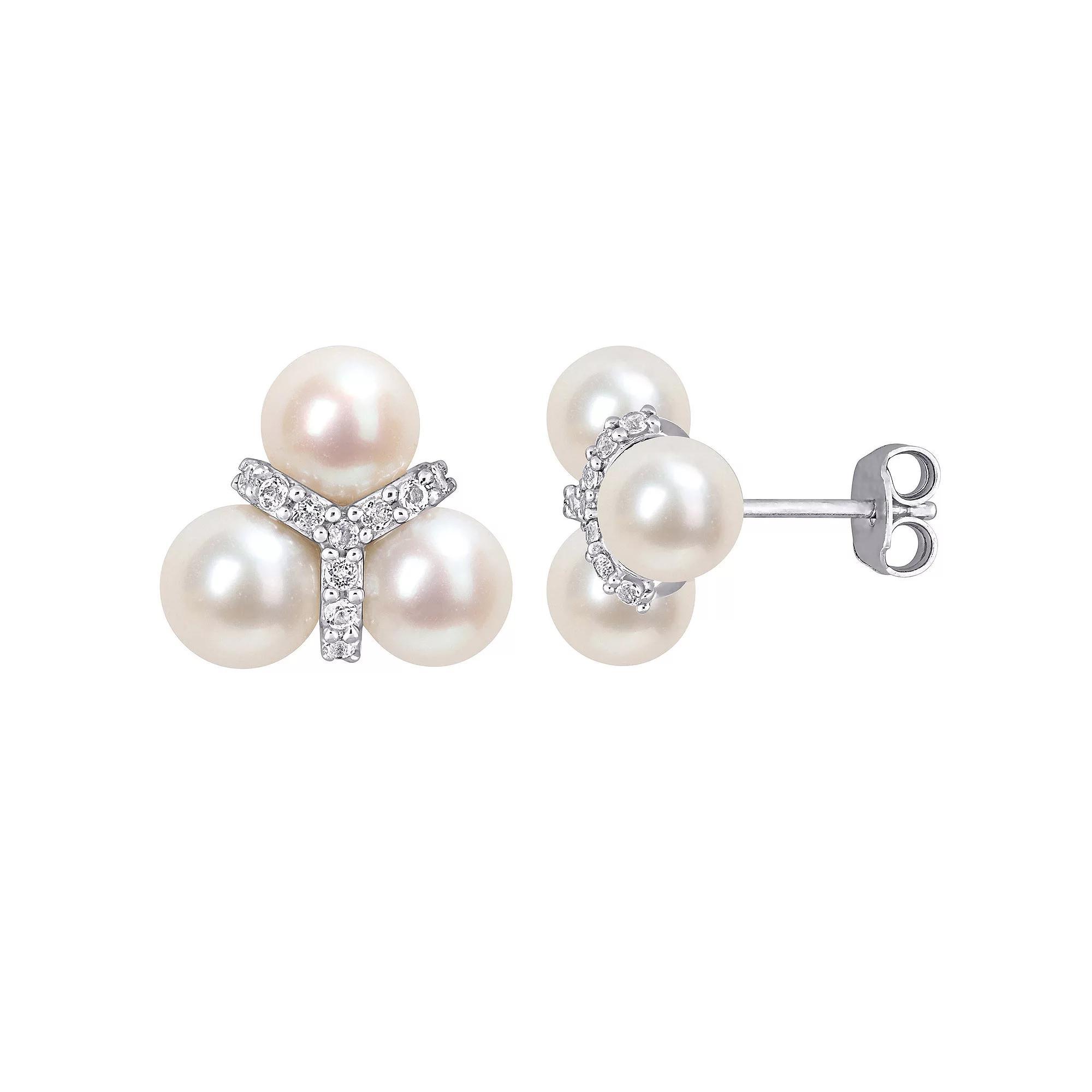 Stella Grace Sterling Silver White Topaz & Freshwater Cultured Pearl Floral Stud Earrings, Women's Product Image