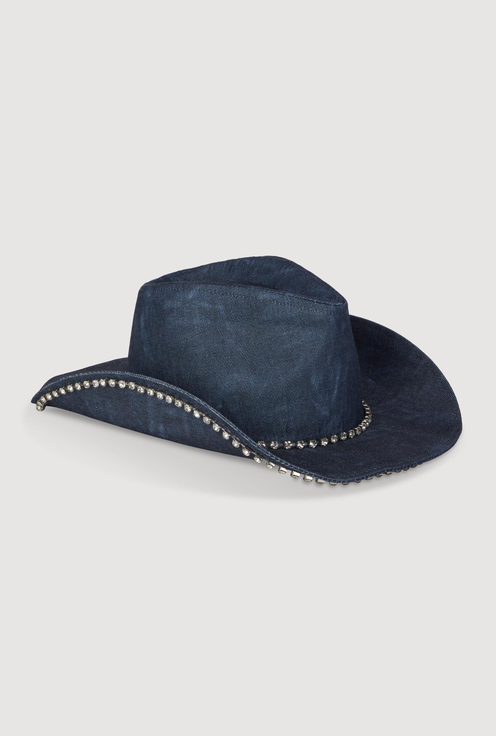 Rhinestone Trim Denim Print Cowboy Hat Female Product Image