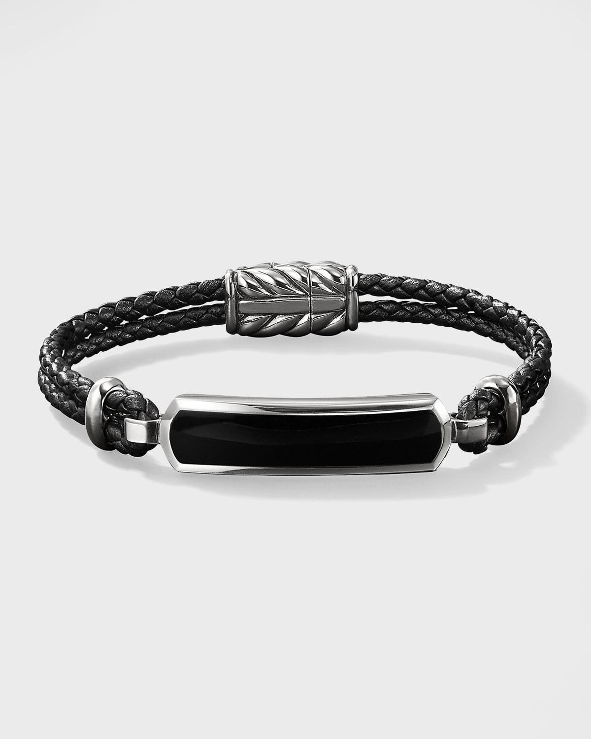 Mens Exotic Stone Bar Station Leather Bracelet with Silver, 3mm Product Image