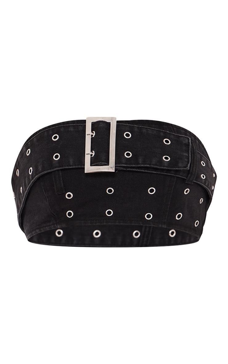Washed Black Belt Detail Denim Bandeau Crop Top Product Image