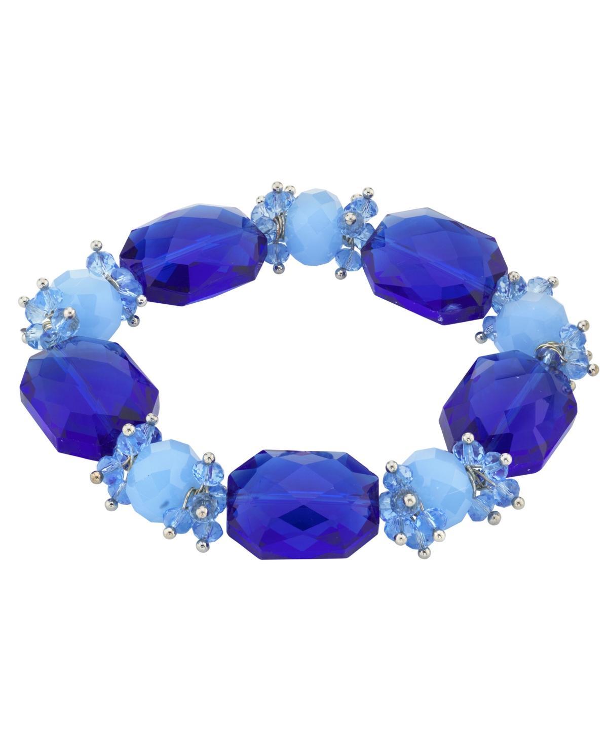 1928 Silver-Tone Bright Blue Beaded Stretch Bracelet, Women's Product Image