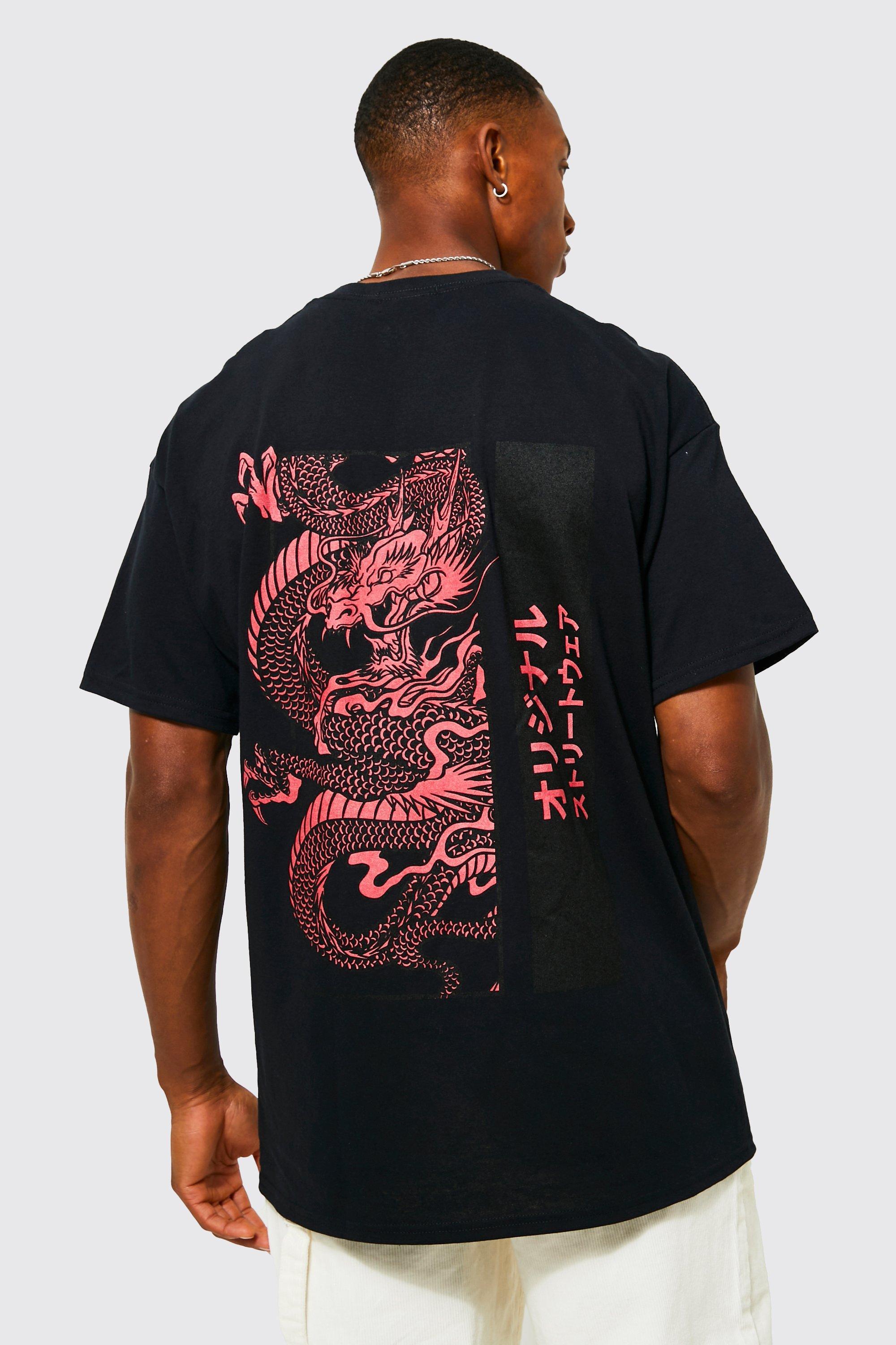 Mens Black Oversized Dragon Graphic T-shirt, Black Product Image