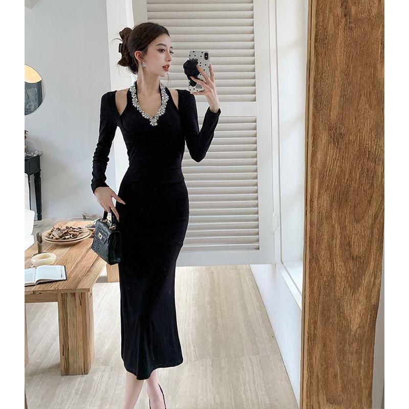 Long-Sleeve V-Neck Rhinestone Midi Sheath Dress Product Image