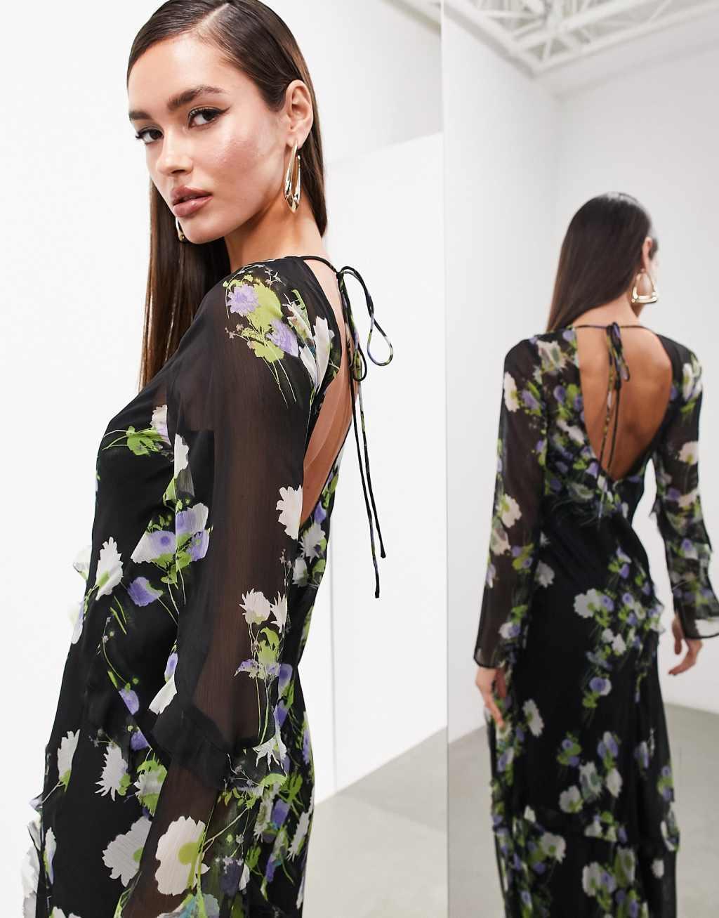 ASOS EDITION long sleeve chiffon maxi dress with frills Product Image