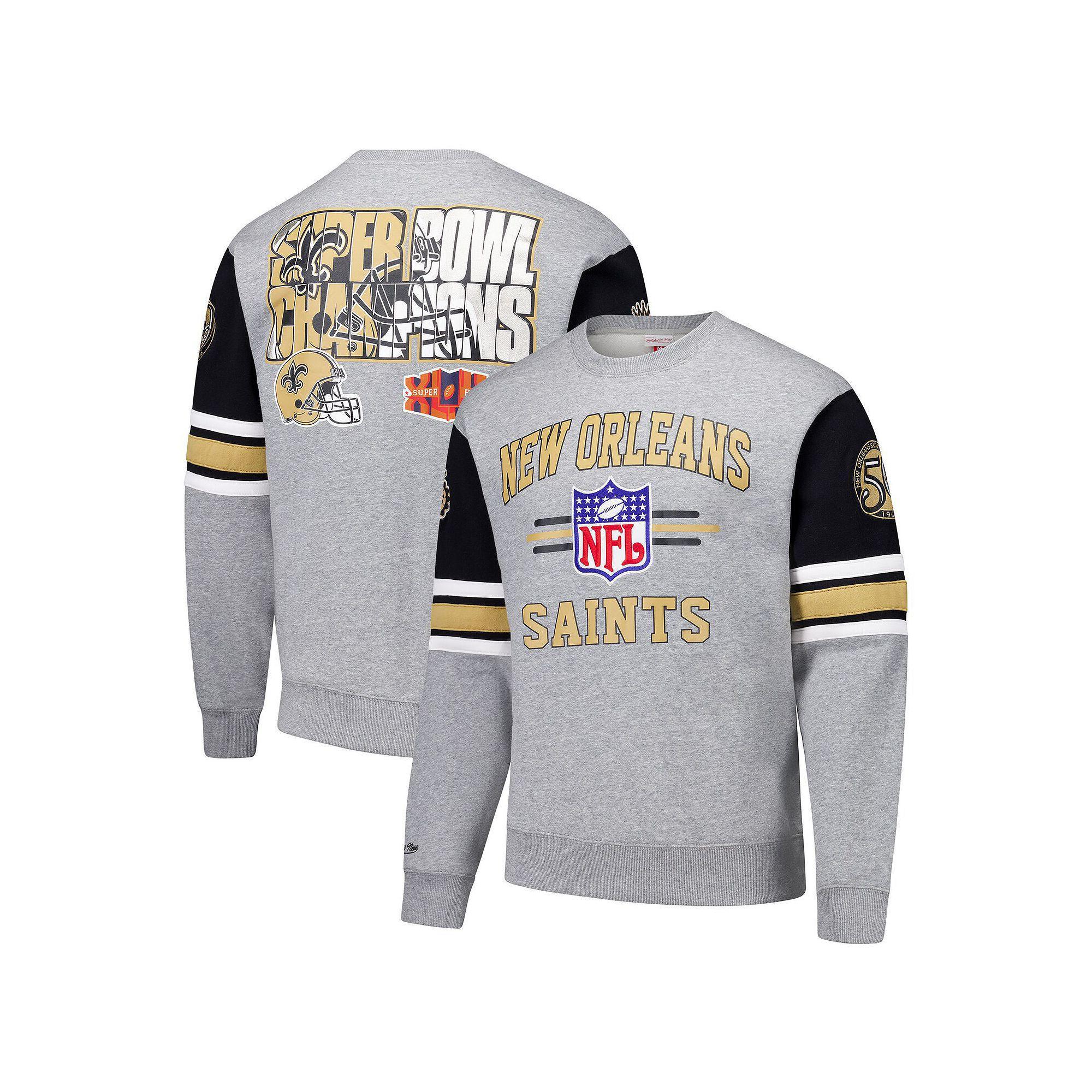 Men's Mitchell & Ness Heather Gray New Orleans Saints All Over 4.0 Vintage Logo Pullover Sweatshirt,  Product Image