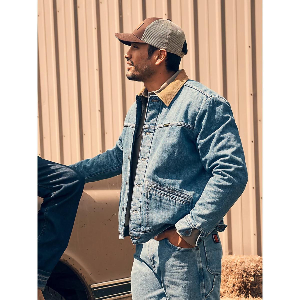 Men's Wrangler® Straight Yoke Sherpa Lined Denim Jacket in Antique Indigo Product Image