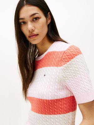 Short-Sleeve Stripe Cable Knit Sweater Product Image