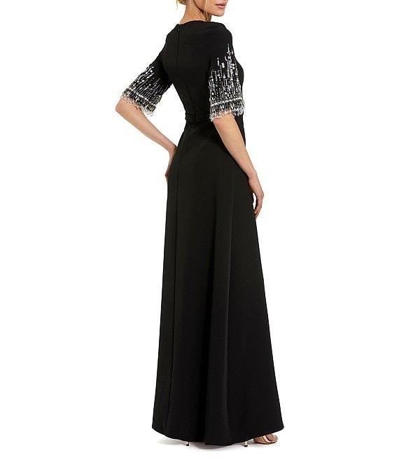 Mac Duggal Short Beaded Sleeve Crepe A-Line Gown Product Image