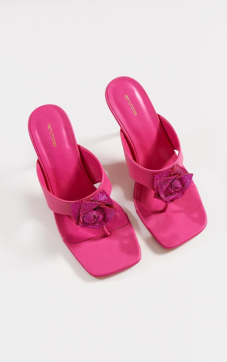 Hot Pink Pu Square Thong Toe Diamante Flower Heeled Mules Product Image