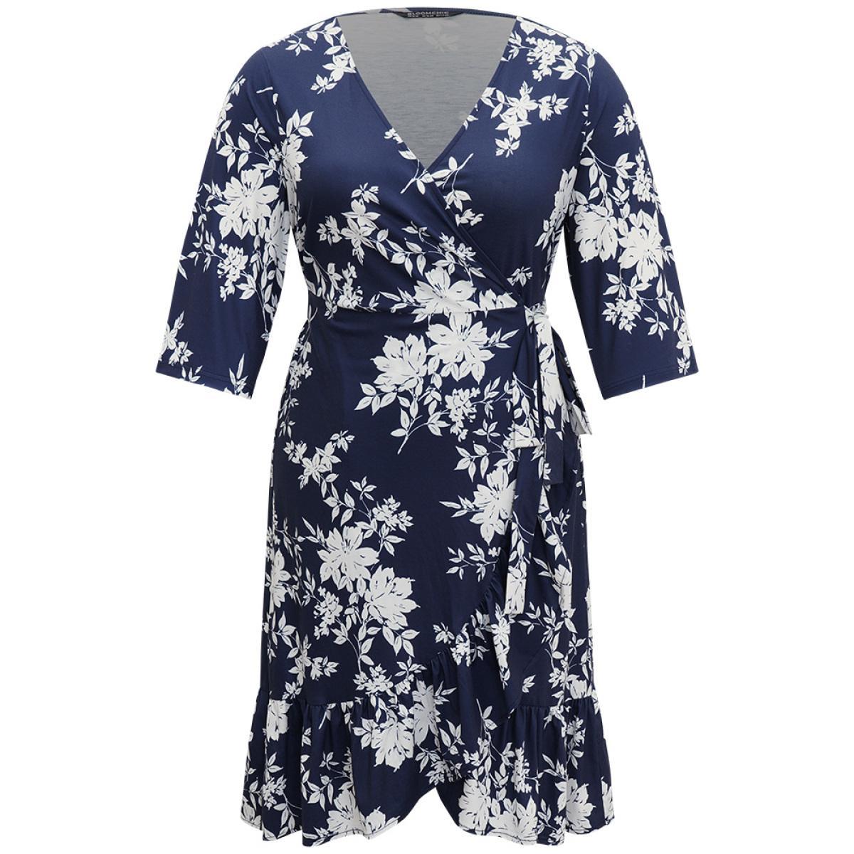 Plus Size Silhouette Floral Print Ties Wrap Dress Indigo Women Elegant Cross straps V-neck Elbow-length sleeve Curvy Midi Dress BloomChic 26/4X Product Image